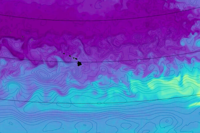 Purple and teal video still details the eddies, mapped using contour lines and color, of the North Pacific Ocean, around a tiny Hawaii, in black.