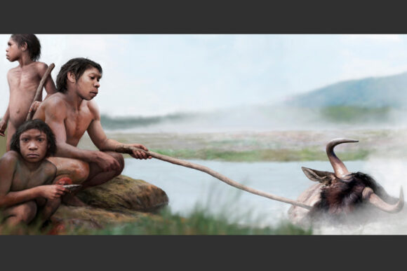 depiction of early human cooking near hot spring.