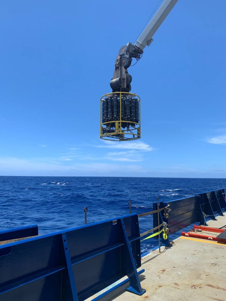 The ODF Rosette, an Ocean Data Facility, being deployed to collect seawater samples.