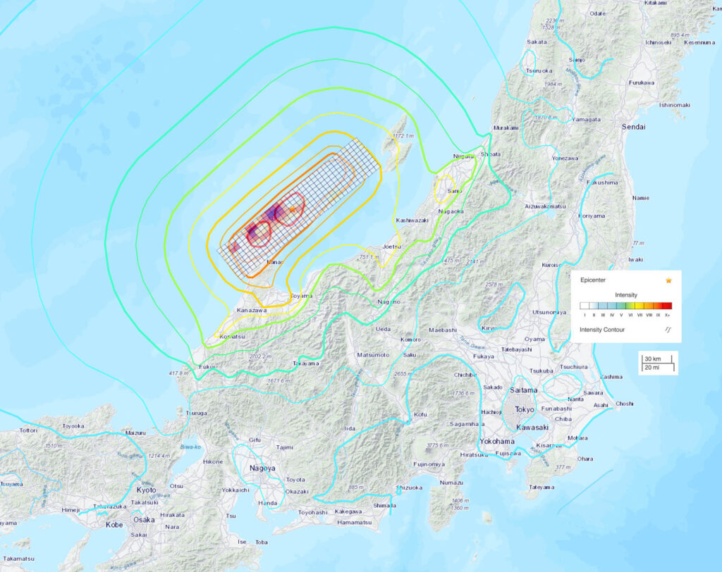 A map of a section of Japan, including the Noto Peninsula, showing two pieces of information: one, the intensity of the January 1st earthquake getting smaller further away from the epicenter found off the coast of the Peninsula, and two, the slip amplitude, which has two intense clusters near the epicenter of 6 meters.