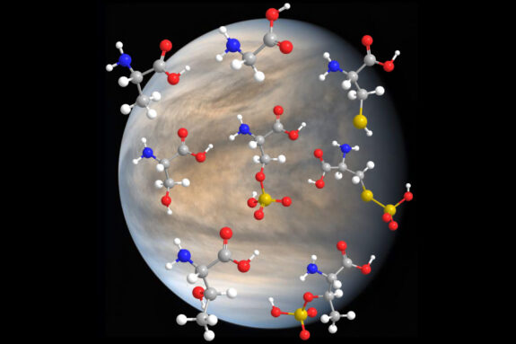 Venus in space with multi-colored amino acid molecules in its atmosphere.