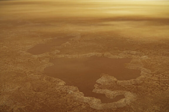 The surface of Titan, containing lake-shaped crevices.
