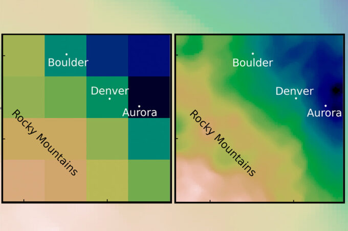 Two graphs side by side showing model predictions of extreme rainfall near Denver, Colorado. The one on the left shows square, poor resolution data. The one on the right is higher resolution.