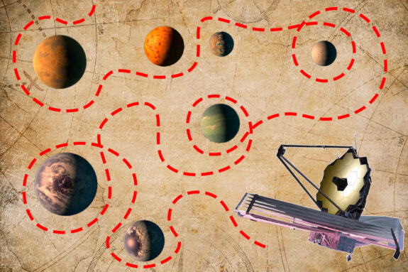 Alt text: The James Webb Space Telescope points to several TRAPPIST planets scattered on top of a map background with a red dotted line leading around them.