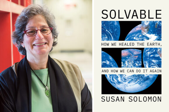 A portrait of Susan Solomon next to a photo of the cover of her book, 