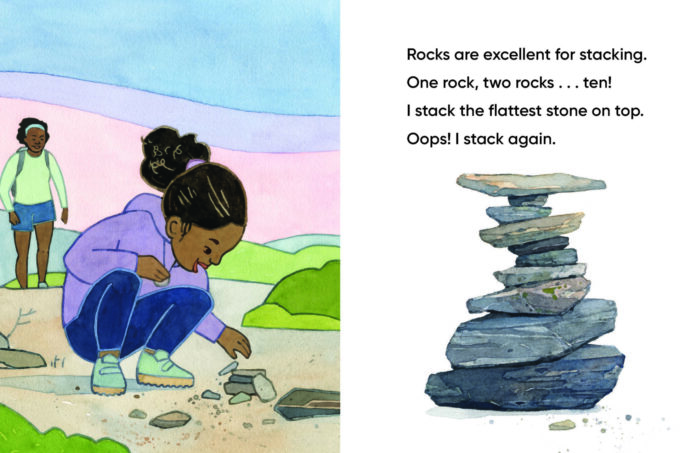 A spread of pages 8 and 9 of “All the Rocks We Love”. On the left-hand side is a watercolor of a Black family out hiking; on the right-hand side is a watercolor of a stack of shale rocks and the text: “Rocks are excellent for stacking. One rock, two rocks… ten! I stack the flattest stone on top. Oops! I stack again.”