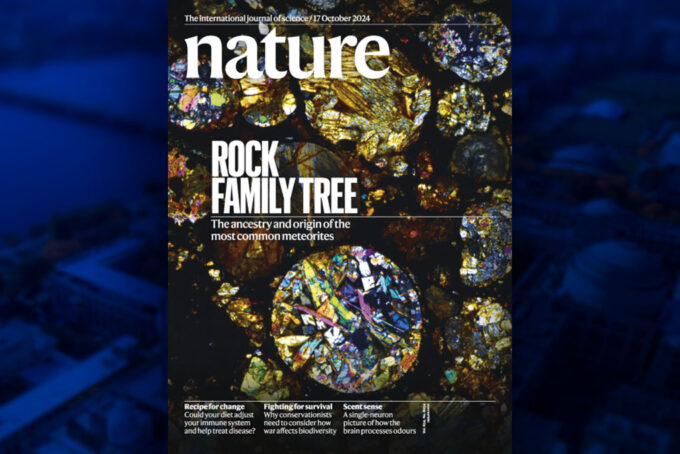 Cover of the journal Nature with microscopic view of L chondrite minerals.