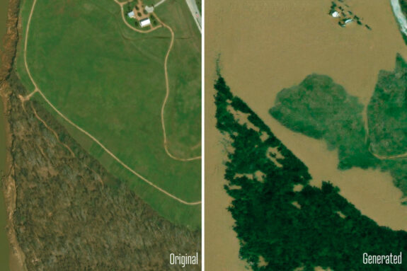 On left, a rural setting with grass and greenery. On right, brown flood water shows excessive flooding.