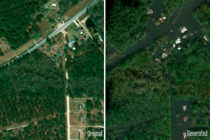 On left, a neighborhood and forest. On right, flood water fills the roads of the neighborhood.