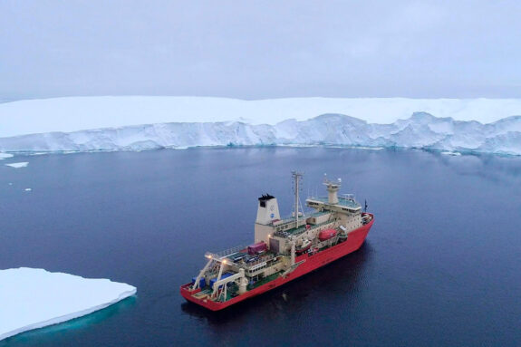 The U.S. research vessel Nathaniel B. Palmer photographed from a drone at Thwaites Glacier ice front in February 2019.