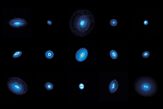 Fifteen protoplanetary disks of various structures, some with gaps, rings, and spirals