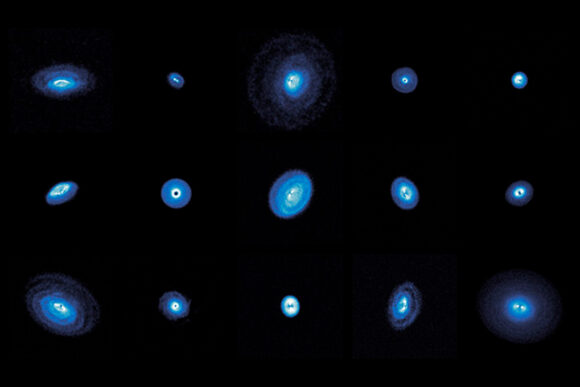 Fifteen protoplanetary disks of various structures, some with gaps, rings, and spirals