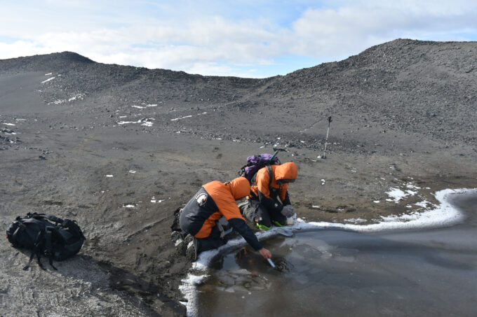 Researchers taking samples from a small pool of water.