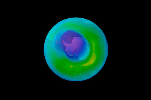 Antarctica as seen from space, with coloring depicting ozone recovery.