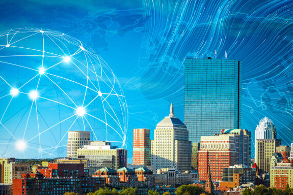 Boston skyline with decorative background.