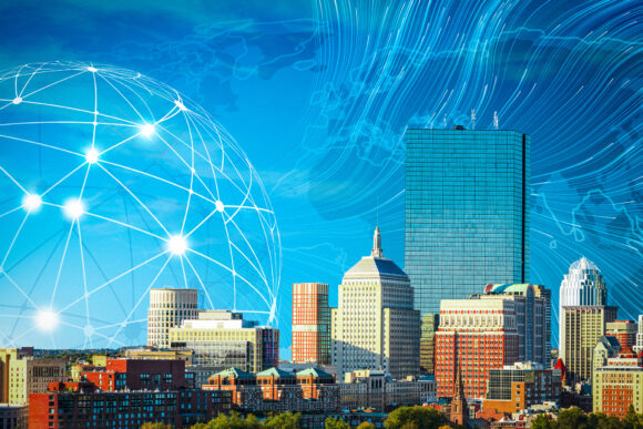 Boston skyline with decorative background.