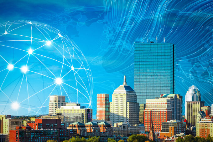 Boston skyline with decorative background.