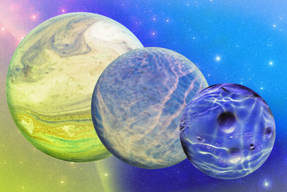 Three colorful watery planets in space.