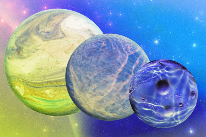 Three colorful watery planets in space.