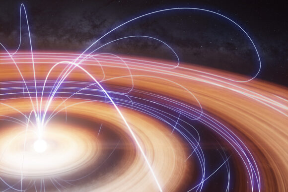 Colorful rings surrounding a star with lines weaving up and down through them.