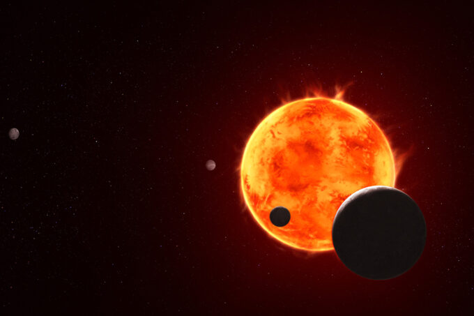 An artist’s rendition of the exoplanet TRAPPIST-1e as it transits in front of its host star.