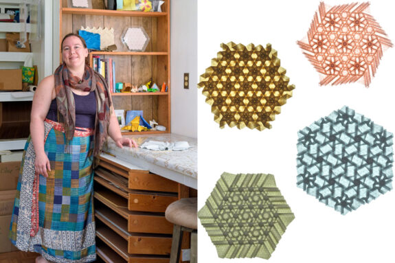 A photo of Madonna Yoder in her workshop, alongside some complex origami tessellation pieces.