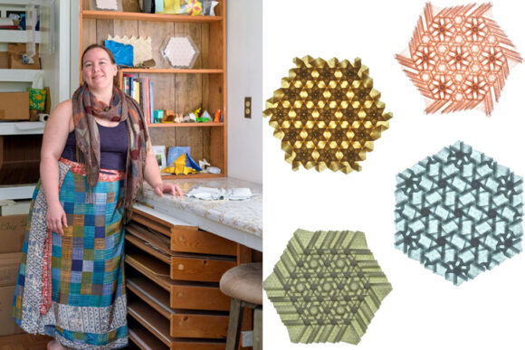 A photo of Madonna Yoder in her workshop, alongside some complex origami tessellation pieces.