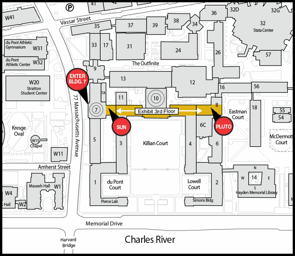 MIT campus map pointing to exhibit start (Building 7) and end (Building 8) on 3rd floor.