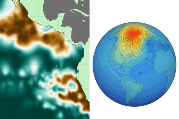 Two informative graphics, one depicting oxygen-deficient zones in the Pacific Ocean off Mexico and South America, and another depicting temperature predictions over North America.