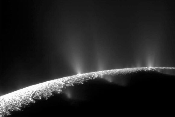 An image taken by the Cassini spacecraft of the geysers on Enceladus.