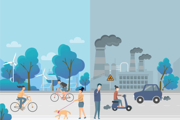 Two urban landscapes showing improved air quality when industry uses renewable energy sources.