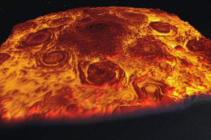 Jupiter’s North Pole showing multiple vortexes.