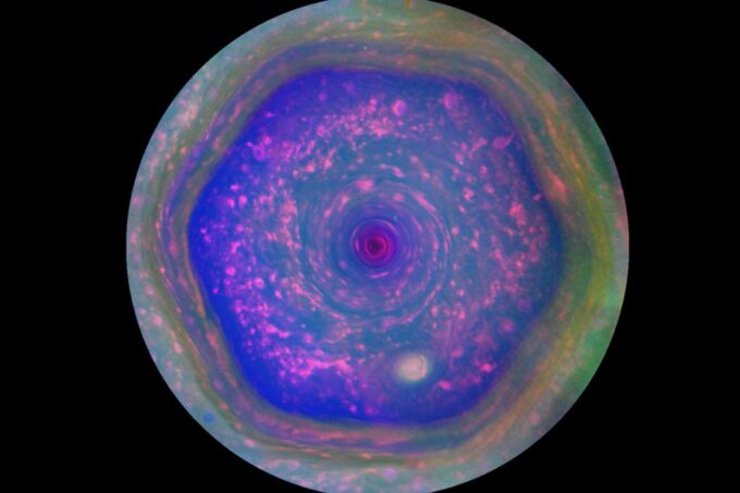Saturn’s hexagon-shaped vortex.