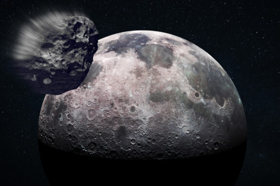 An asteroid speeds towards the moon.
