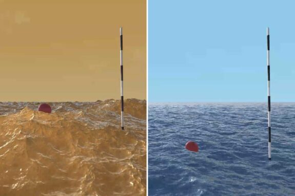 Two renderings show waves on Earth, right, and Titan with a floating ball and measuring stick in the water. Titan has huge waves while Earth has gentle waves.