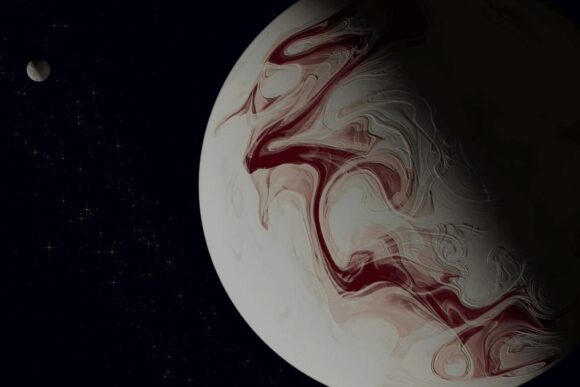 A rendering of a planetary atmosphere, showing a jet stream in shades of maroon.