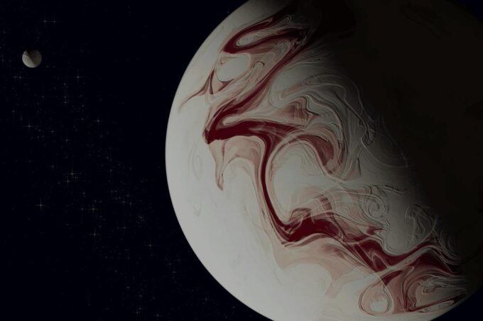 A rendering of a planetary atmosphere, showing a jet stream in shades of maroon.