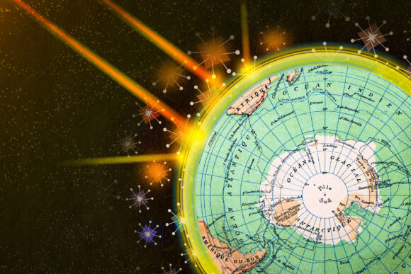 Vintage-inspired collage shows Earth’s ozone layer, in yellow, hit by sun rays. Mod-style stars represent ozone and some are being destroyed by the sun rays.