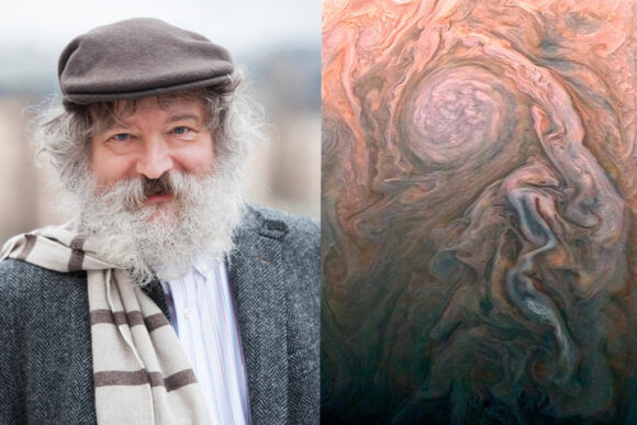 A portrait of Raymond Pierrehumbert next to an image of the atmosphere of Jupiter.