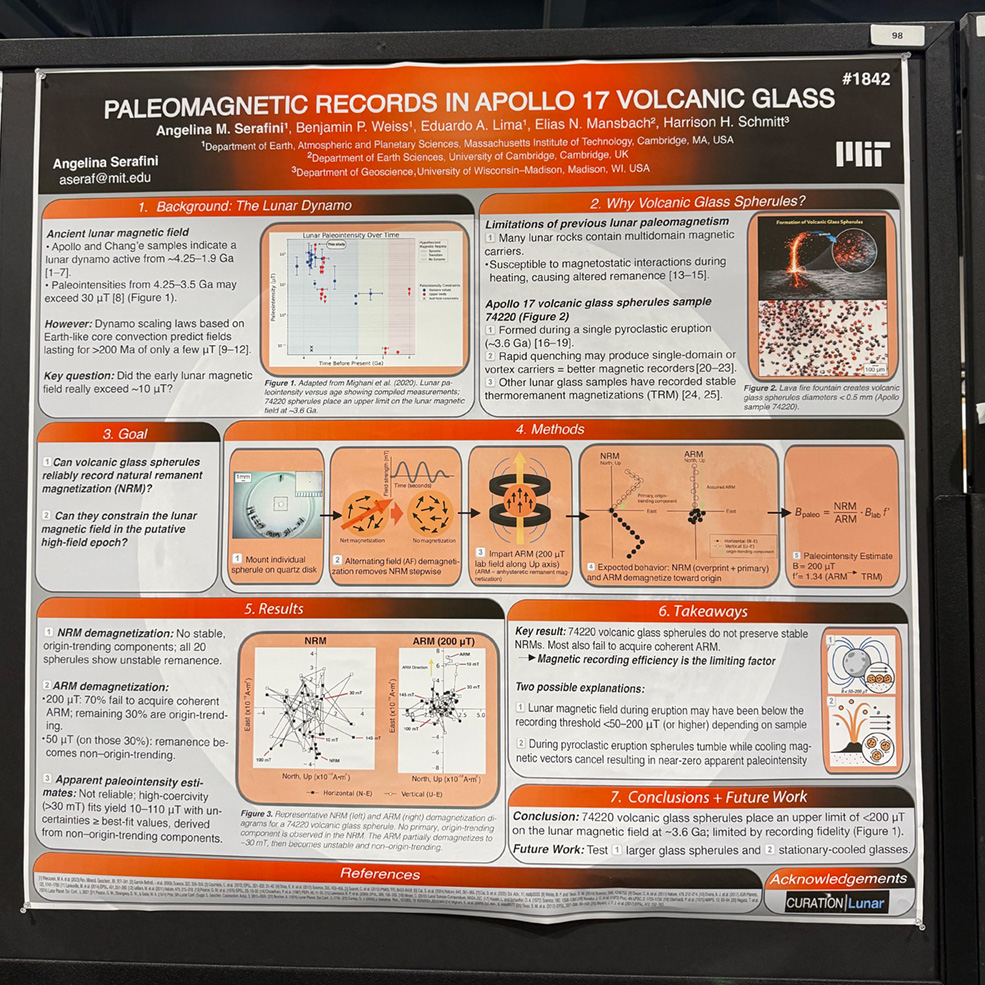 A scientific poster titled "Paleomagnetic records in Apollo 17 volcanic glass".