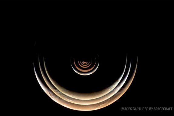 A sequence of images of Mars in crescent phase growing larger that were taken as the Psyche spacecraft approached Mars.