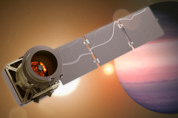 An artist's drawing of the Pandora spacecraft with an exoplanet and two stars in the background.